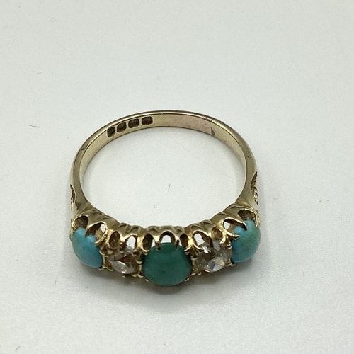 9 - An 18ct gold turquoise and diamond ring. Three oval turquoise cabochons with old cut diamond accents... 