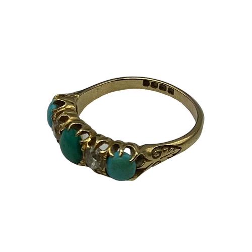 9 - An 18ct gold turquoise and diamond ring. Three oval turquoise cabochons with old cut diamond accents... 