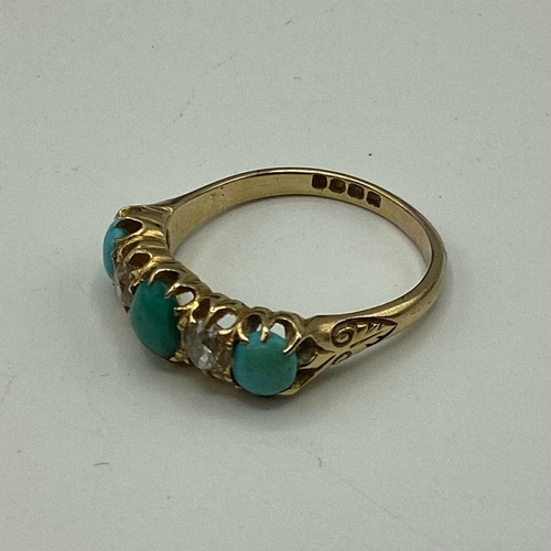 9 - An 18ct gold turquoise and diamond ring. Three oval turquoise cabochons with old cut diamond accents... 