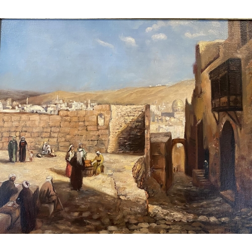 402 - Oil on canvas, middle eastern village scene, recessed gilt frame, signed indistinctly lower right BI... 