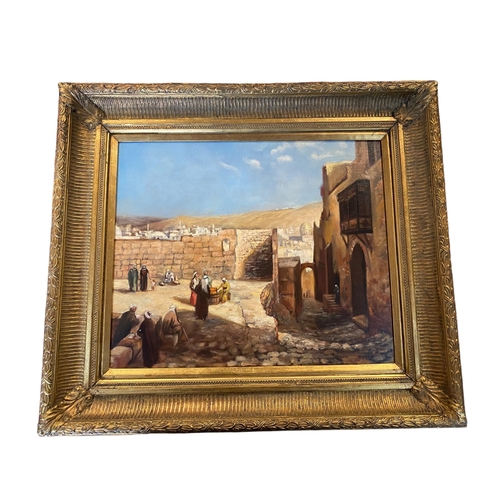 402 - Oil on canvas, middle eastern village scene, recessed gilt frame, signed indistinctly lower right BI... 