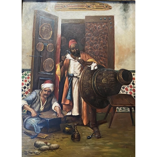 403 - Two oils of arabic scenes, tiger tamer signed D.GOETZ lower right and metal workers, oil on tin and ... 