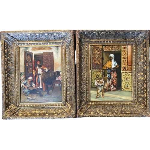 403 - Two oils of arabic scenes, tiger tamer signed D.GOETZ lower right and metal workers, oil on tin and ... 