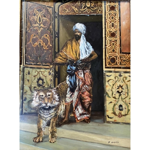 403 - Two oils of arabic scenes, tiger tamer signed D.GOETZ lower right and metal workers, oil on tin and ... 