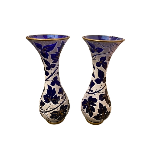 203 - Pair of C20th blue white and gilt waisted glass vases 39 cm H