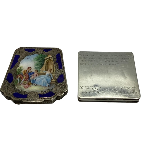 16 - Two continental white metal compacts. One with transfer printed scene marked 800. Together with an e... 