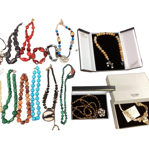 28 - A collection of costume and bead jewellery To include tigers eye with silver flower pendant, malachi... 