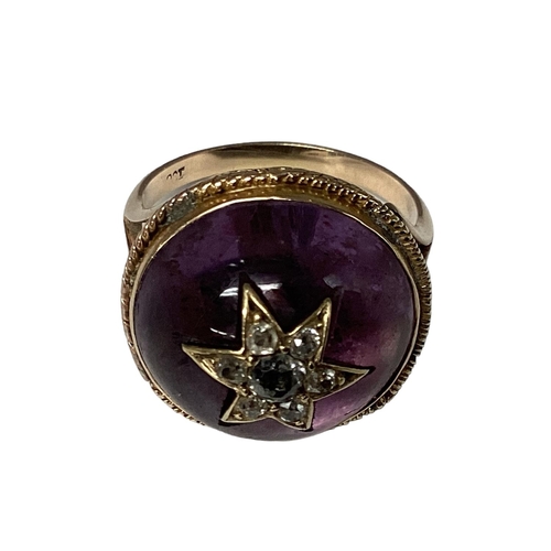 3 - Late C19th/early C20th 9 ct gold amethyst and diamond ring, circular cabochon amethyst with central ... 