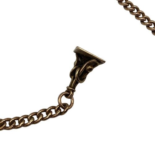 34 - 9ct gold flat curb link albert chain with T bar and fob, 32cm, 9.4grams