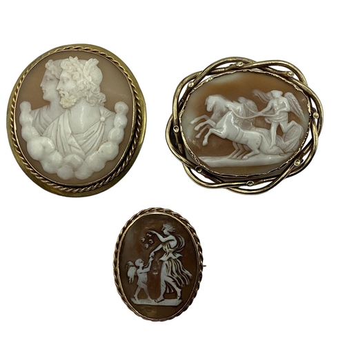 6 - Three unmarked yellow metal mounted shell cameo broaches  depicting classical scenes, largest 6cm x ... 