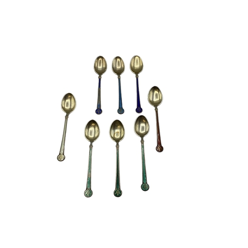 49 - Set of 8 enamelled silver teaspoons, stamped David Anderson, Norway, Sterling. Some wear to enamel b... 