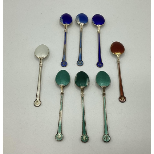 49 - Set of 8 enamelled silver teaspoons, stamped David Anderson, Norway, Sterling. Some wear to enamel b... 