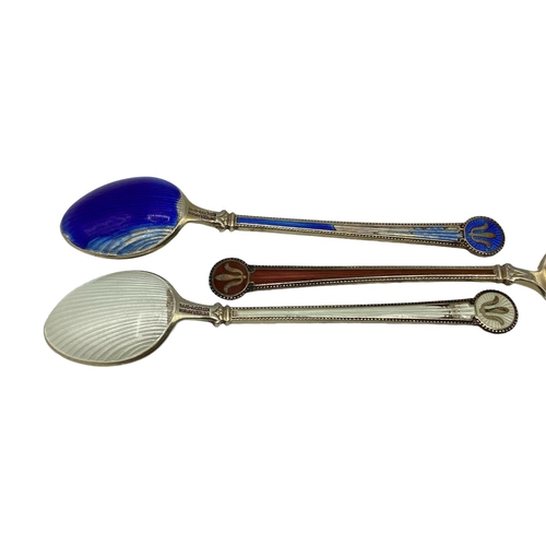 49 - Set of 8 enamelled silver teaspoons, stamped David Anderson, Norway, Sterling. Some wear to enamel b... 