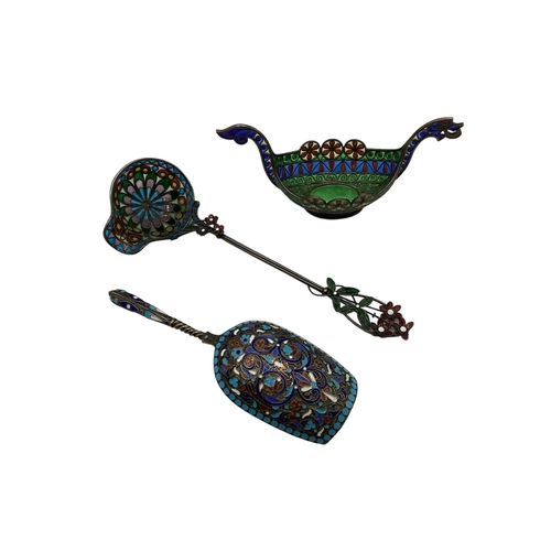 50 - A Late 19th century (1882-1899) Russian silver and enamel  caddy spoon, stamped with standard and ci... 