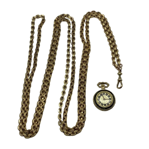 81 - A yellow metal long gaurd watch chain marked 9ct to lobster clasp together with a yellow metal and e... 