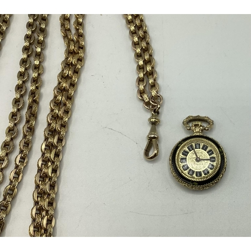 81 - A yellow metal long gaurd watch chain marked 9ct to lobster clasp together with a yellow metal and e... 