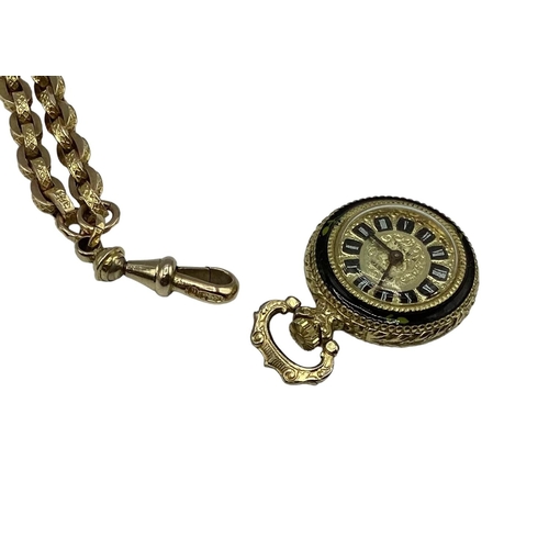 81 - A yellow metal long gaurd watch chain marked 9ct to lobster clasp together with a yellow metal and e... 