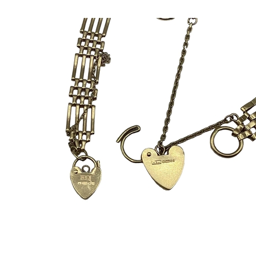 83 - Two 9ct gold gate link bracelets with heart lockets. 9.04g.