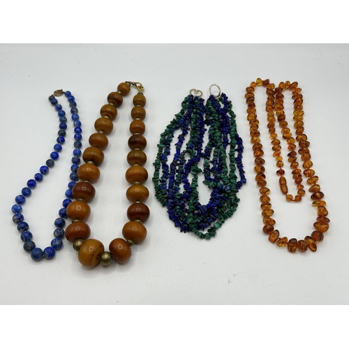 62 - A Honey Amber large beads necklace (later clasp)  and a collection of hardstone jewellery, to includ... 