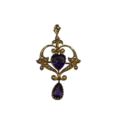 90 - A 15ct gold amethyst and split pearl art nouveau style pendant. 2.01g. In original box without chain... 