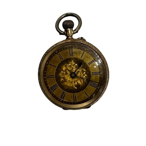 91 - A 14ct gold ladies pocket watch, gold face with Roman numeral markers. 8.7g.,