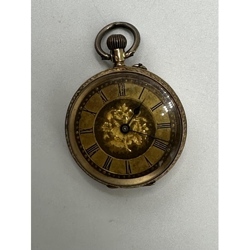 91 - A 14ct gold ladies pocket watch, gold face with Roman numeral markers. 8.7g.,