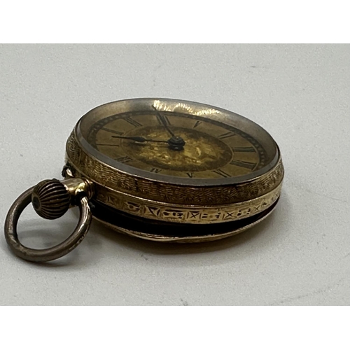 91 - A 14ct gold ladies pocket watch, gold face with Roman numeral markers. 8.7g.,