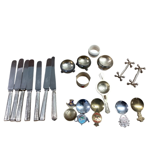 66 - A set of 6 Sterling silver handled knives, and a collection of silver plated items, tea caddy spoons... 