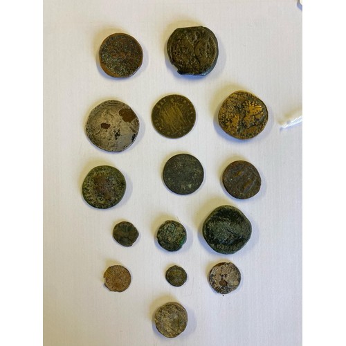 98 - A collection of coins of Antiquity. Roman possibly Greek examples in bronze. Most heavily worn.  Ple... 