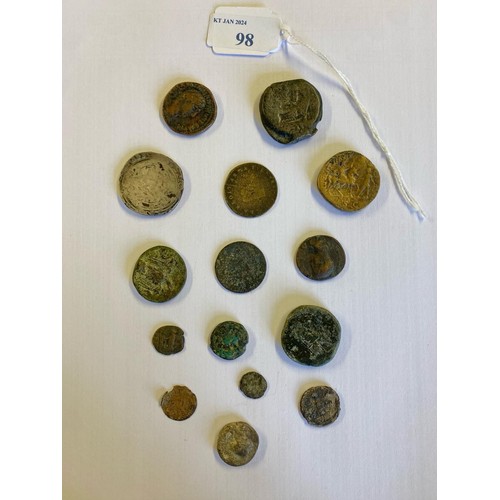 98 - A collection of coins of Antiquity. Roman possibly Greek examples in bronze. Most heavily worn.  Ple... 