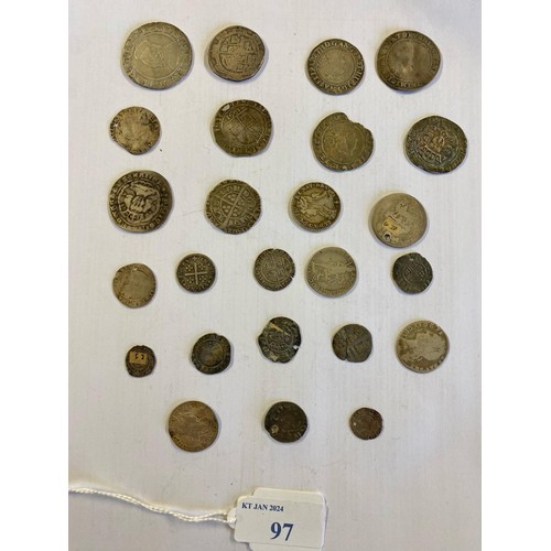 97 - A collection of 16th and 17th century British hammered coinage to include James I 1603 shilling, Eli... 