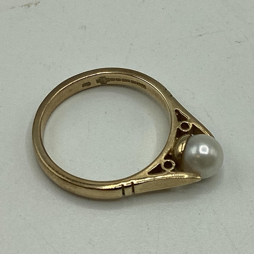 18 - Three pearl set gold rings. Two 9ct examples and a 14ct all set with single cultured pearl. 8.3 g.