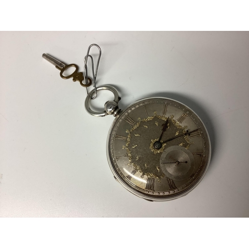 54 - A Stirling silver keywind pocket watch, with engraved gilt silver face, with gilt Roman numeral mark... 