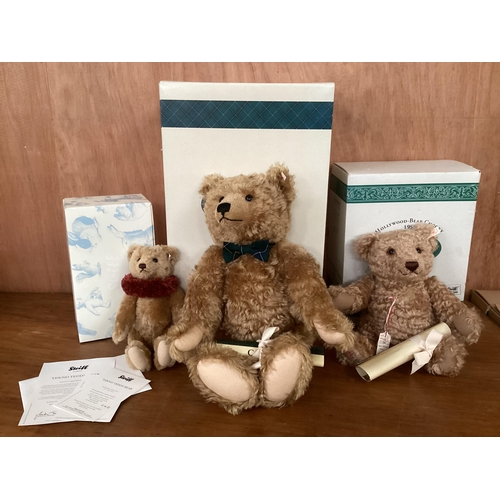 98 - 3 x Steiff bears, boxed and limited; including Hollywood Chooky, with certificate; Henderson (Growle... 