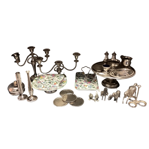 10 - A collection of silver plated wares to include candelabra, Taza, model horses etc