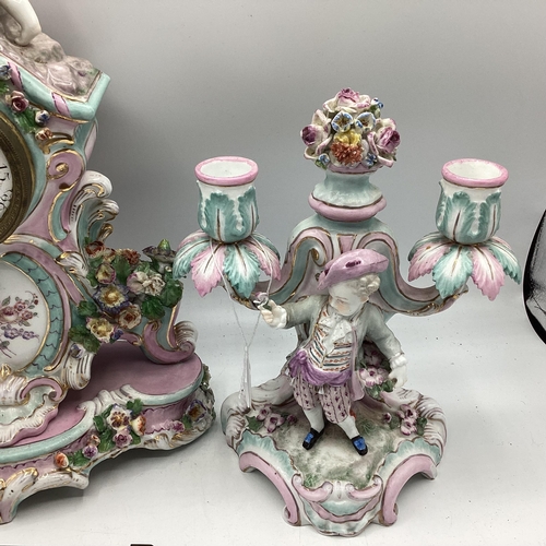 261 - A Meissen clock on stand, and a two branch candleholder, 22cmH,