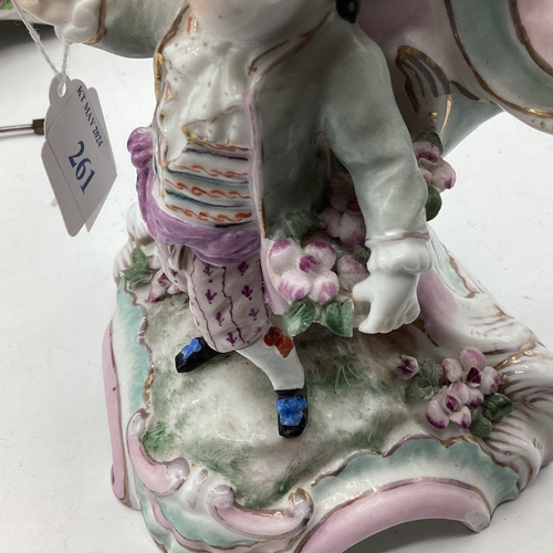 261 - A Meissen clock on stand, and a two branch candleholder, 22cmH,