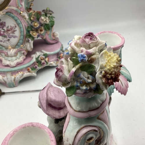 261 - A Meissen clock on stand, and a two branch candleholder, 22cmH,