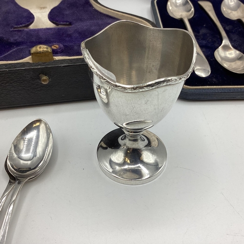 61 - Collection of sterling silver items, teaspoons, egg cups etc, Various dates and makers.