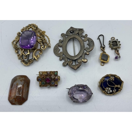 26 - A collection of 19th Century yellow and white metal jewellery to include a blue enamel and seed pear... 