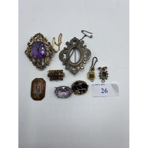 26 - A collection of 19th Century yellow and white metal jewellery to include a blue enamel and seed pear... 