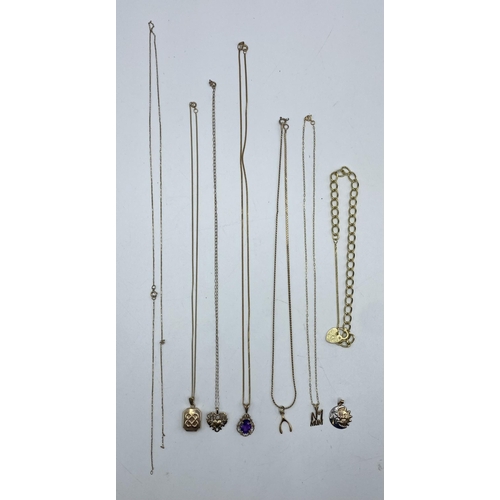 36 - A collection of 9ct gold items together with an unmarked yellow metal amethyst set pendant. Total we... 