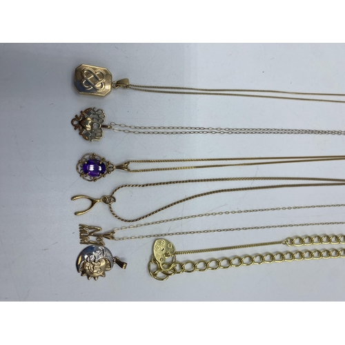 36 - A collection of 9ct gold items together with an unmarked yellow metal amethyst set pendant. Total we... 