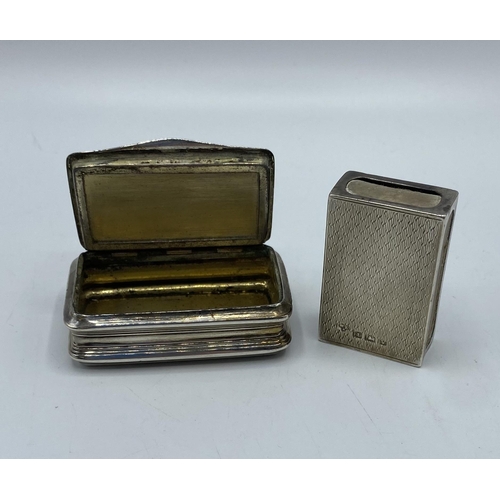 80 - An unmarked white metal pocket snuff box, together with sterling silver matchbox case