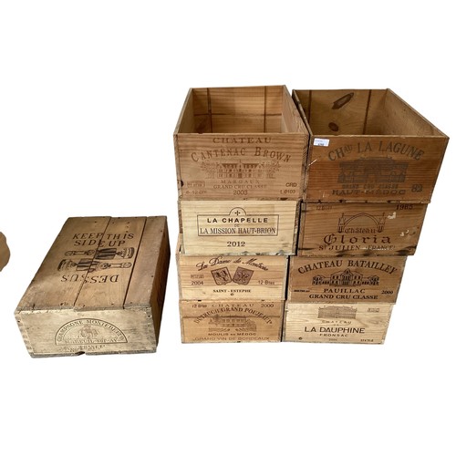 690 - Twelve wooden wine boxes, with names, various sizes and retailers (often used for garden planters/he... 