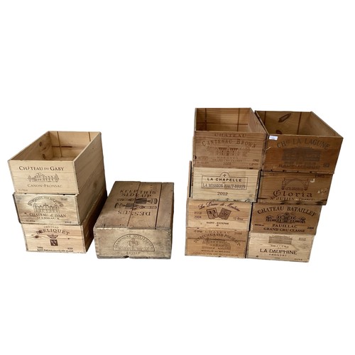 690 - Twelve wooden wine boxes, with names, various sizes and retailers (often used for garden planters/he... 