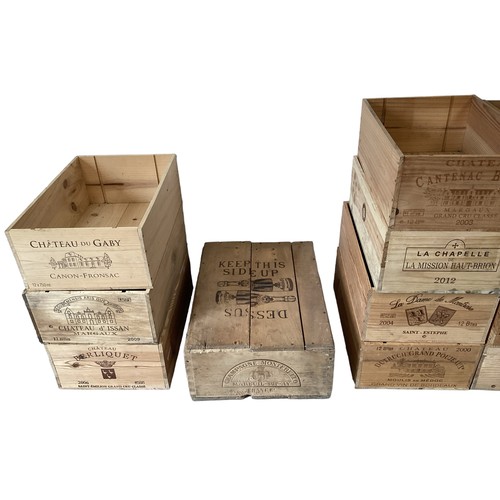 690 - Twelve wooden wine boxes, with names, various sizes and retailers (often used for garden planters/he... 