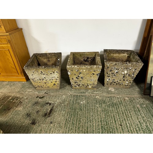 697 - Set of Three large weathered composite square garden planters, 50cm High