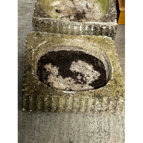 694 - Three square bird baths with circular recess 43 x 41cm, one on a stand.