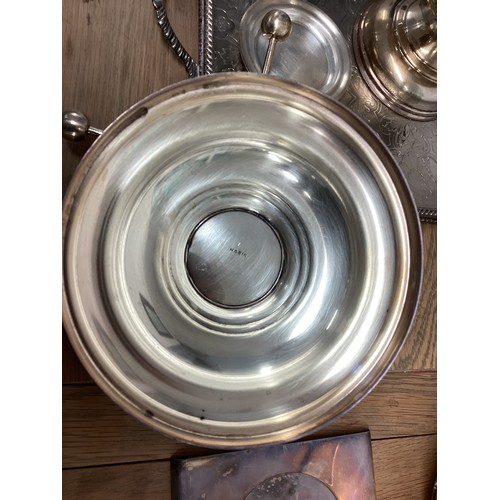 66 - Quantity of silver plate items including a tray, a wine cooler,  Mappin and Webb ice bucket, a bowl ... 